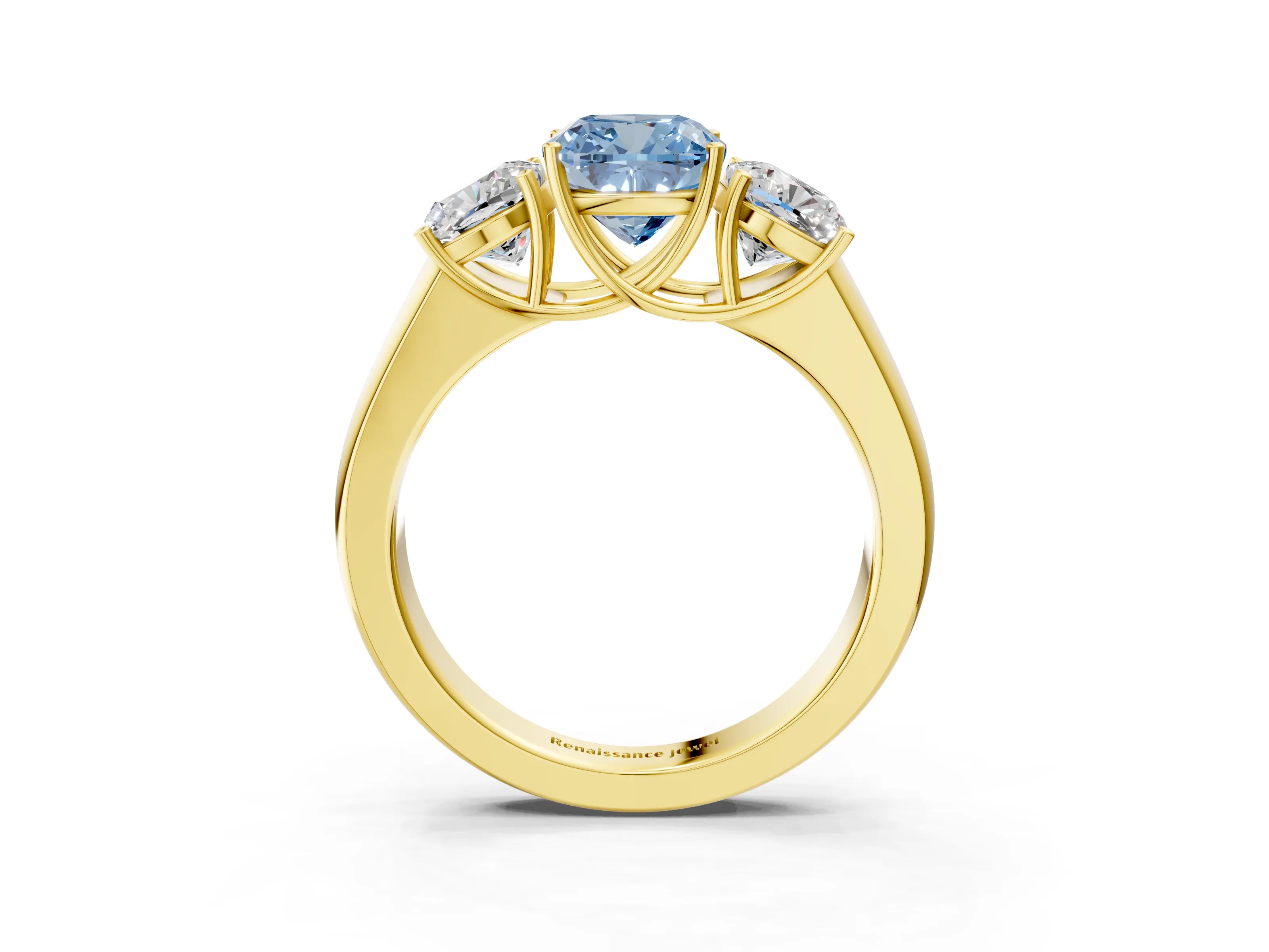 Yellow gold Three-Stone Fancy Blue Cushion Cut Cut Diamond Ring with Prong Setting and Classic Band_3
