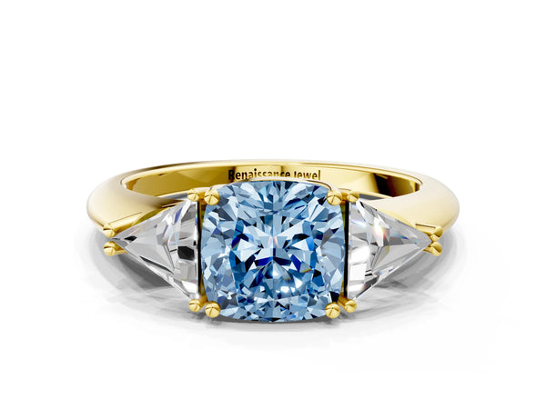 Yellow gold Three-Stone Fancy Blue Cushion Cut Cut Diamond Ring with Trillion Side Stones and Four-Prong Setting