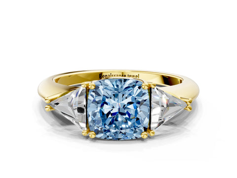 Yellow gold Three-Stone Fancy Blue Cushion Cut Cut Diamond Ring with Trillion Side Stones and Four-Prong Setting_3