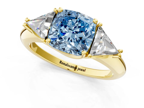 Yellow gold Three-Stone Fancy Blue Cushion Cut Cut Diamond Ring with Trillion Side Stones and Four-Prong Setting_4