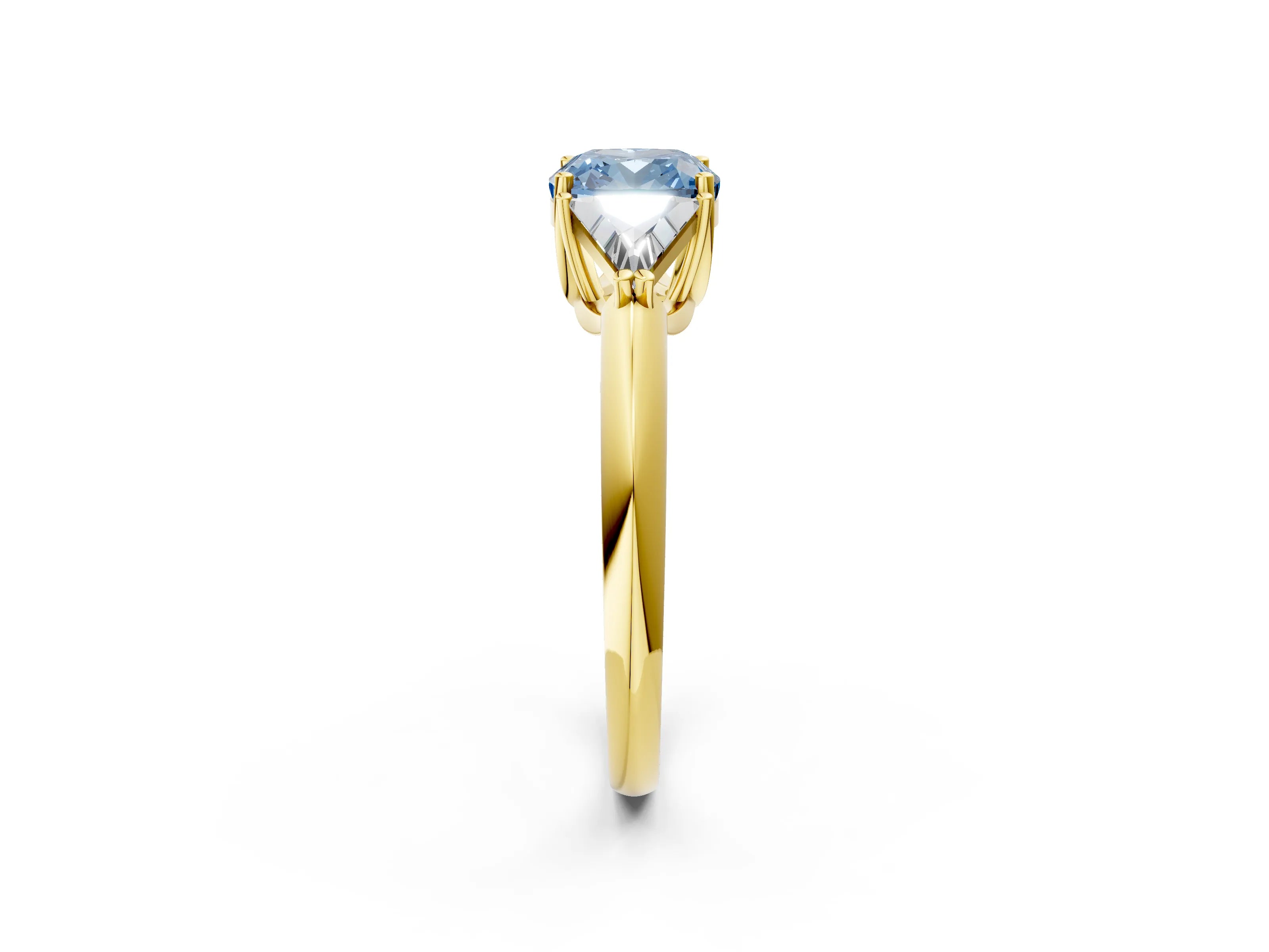 Yellow gold Three-Stone Fancy Blue Cushion Cut Cut Diamond Ring with Trillion Side Stones and Four-Prong Setting_5