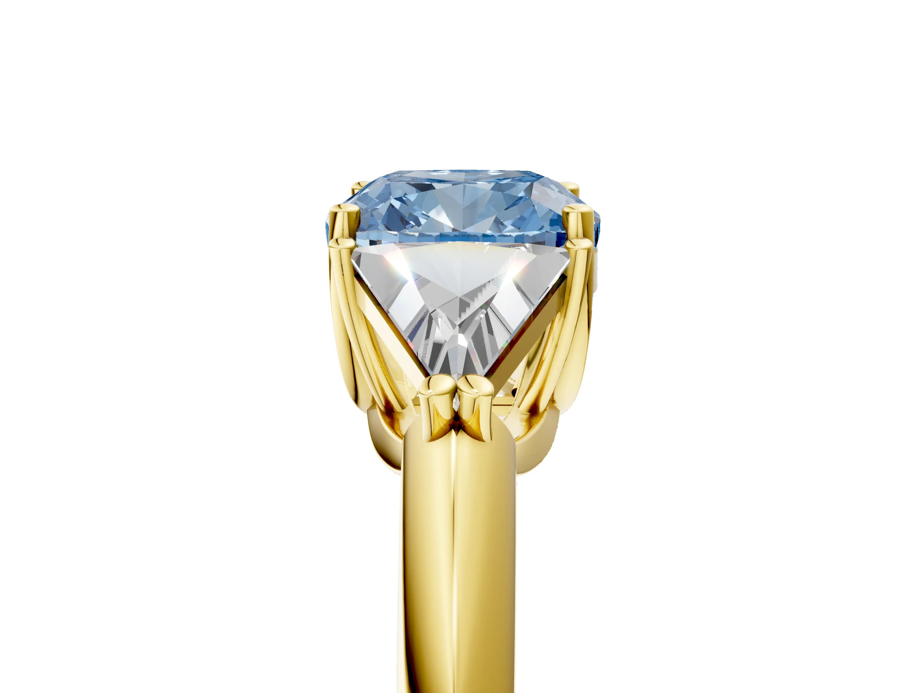 Yellow gold Three-Stone Fancy Blue Cushion Cut Cut Diamond Ring with Trillion Side Stones and Four-Prong Setting_8