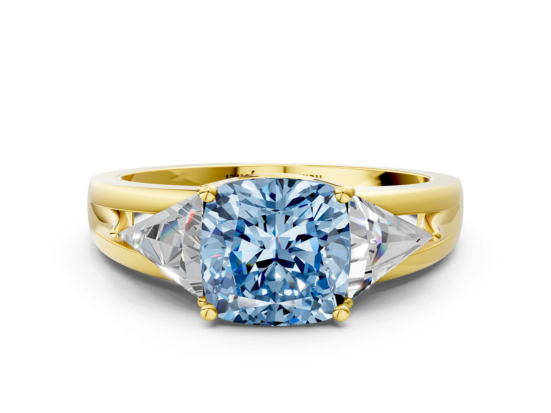 Yellow gold Three-Stone Fancy Blue Cushion Cut Cut Diamond Ring with Trillion Side Stones on a Split Shank Band