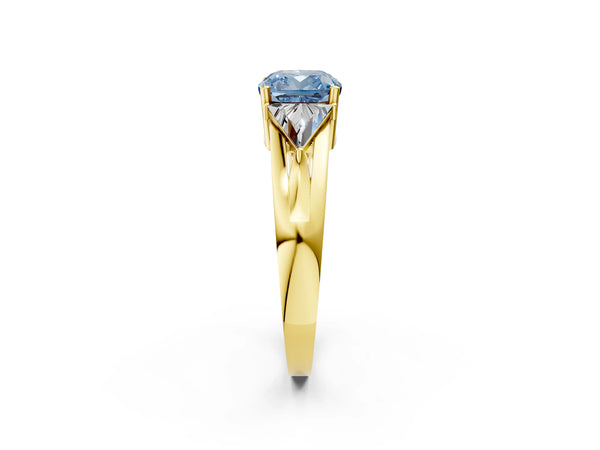 Yellow Gold Cushion Cut Split Shank Three Stone Engagement Ring Setting for Fancy Blue Center