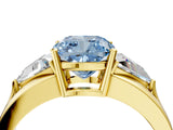 Yellow gold Three-Stone Fancy Blue Cushion Cut Cut Diamond Ring with Trillion Side Stones on a Split Shank Band_4
