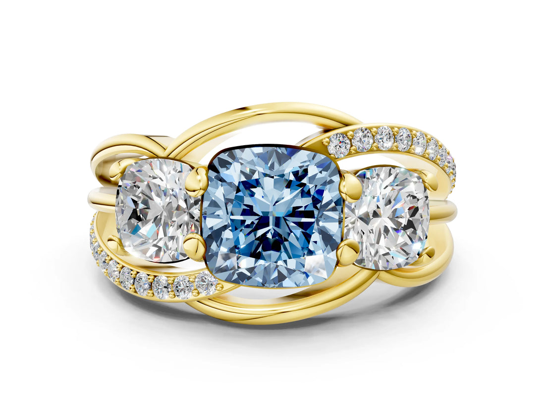 Yellow gold Three-Stone Fancy Blue Cushion Cut Cut Diamond Split Shank Prong Set Ring