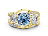 Yellow gold Three-Stone Fancy Blue Cushion Cut Cut Diamond Split Shank Prong Set Ring
