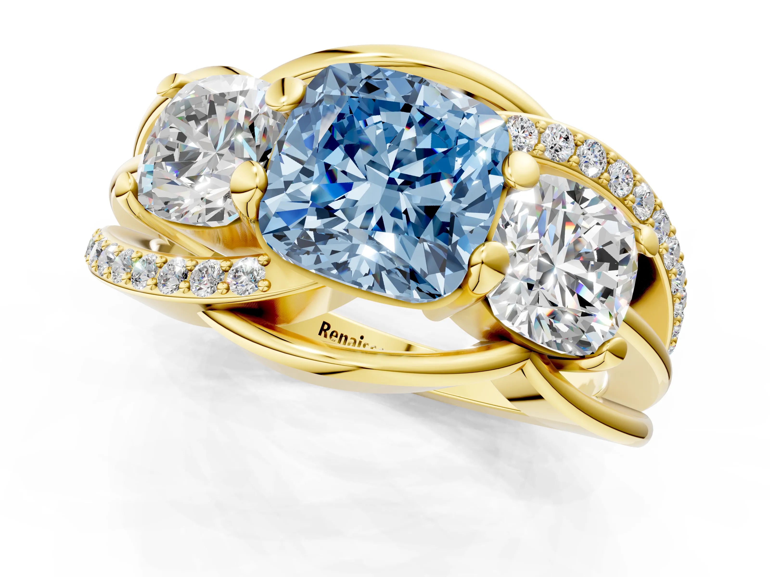 Yellow gold Three-Stone Fancy Blue Cushion Cut Cut Diamond Split Shank Prong Set Ring_1