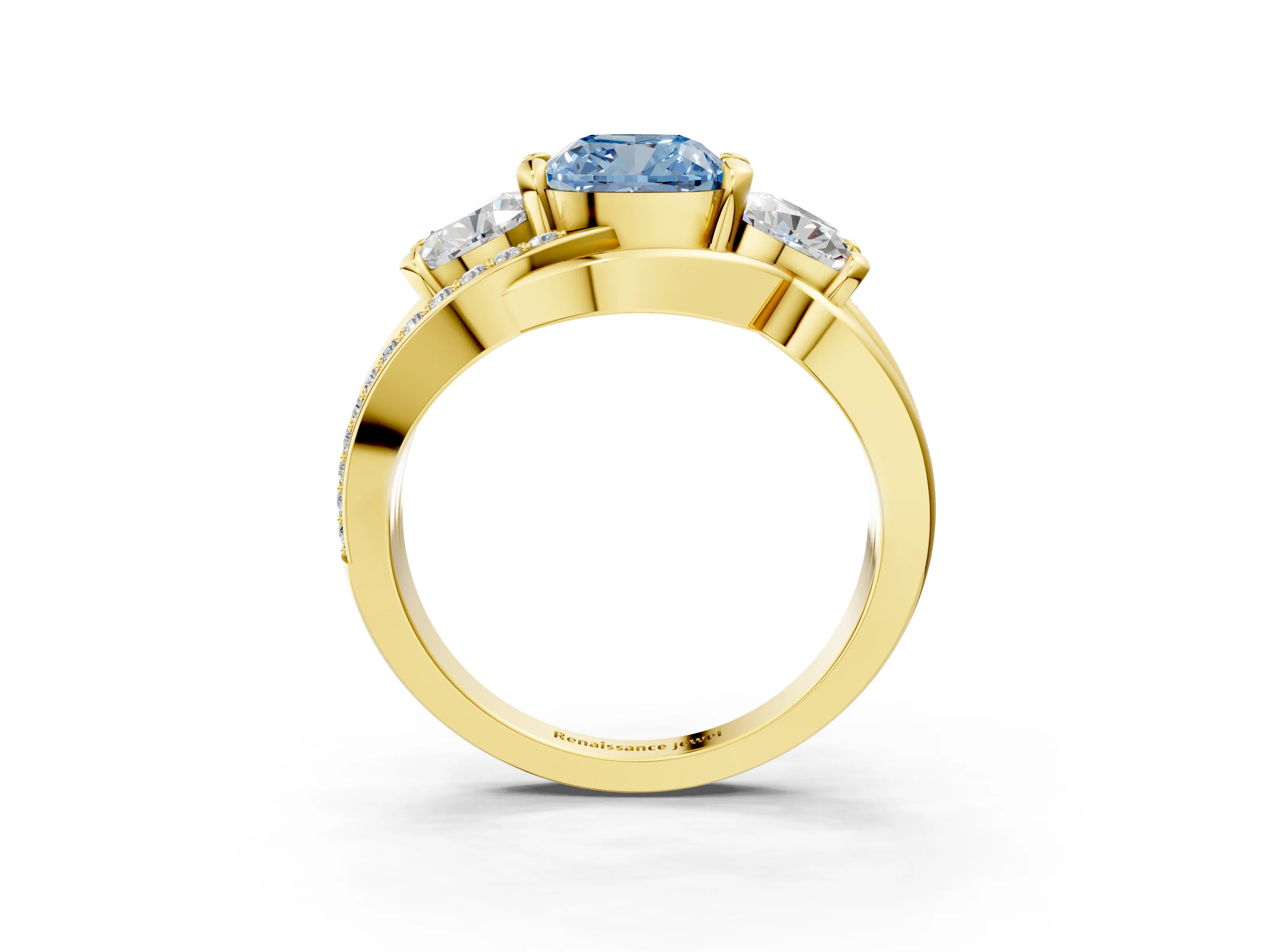 Yellow gold Three-Stone Fancy Blue Cushion Cut Cut Diamond Split Shank Prong Set Ring_3