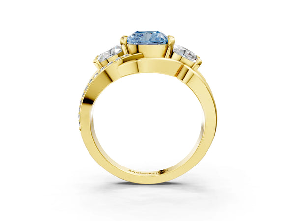 Yellow Gold Cushion Cut Three Stone Split Shank Engagement Ring Setting for Fancy Blue Center