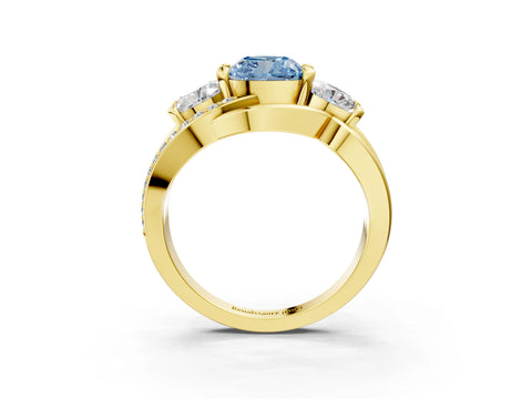 Yellow gold Three-Stone Fancy Blue Cushion Cut Cut Diamond Split Shank Prong Set Ring_3
