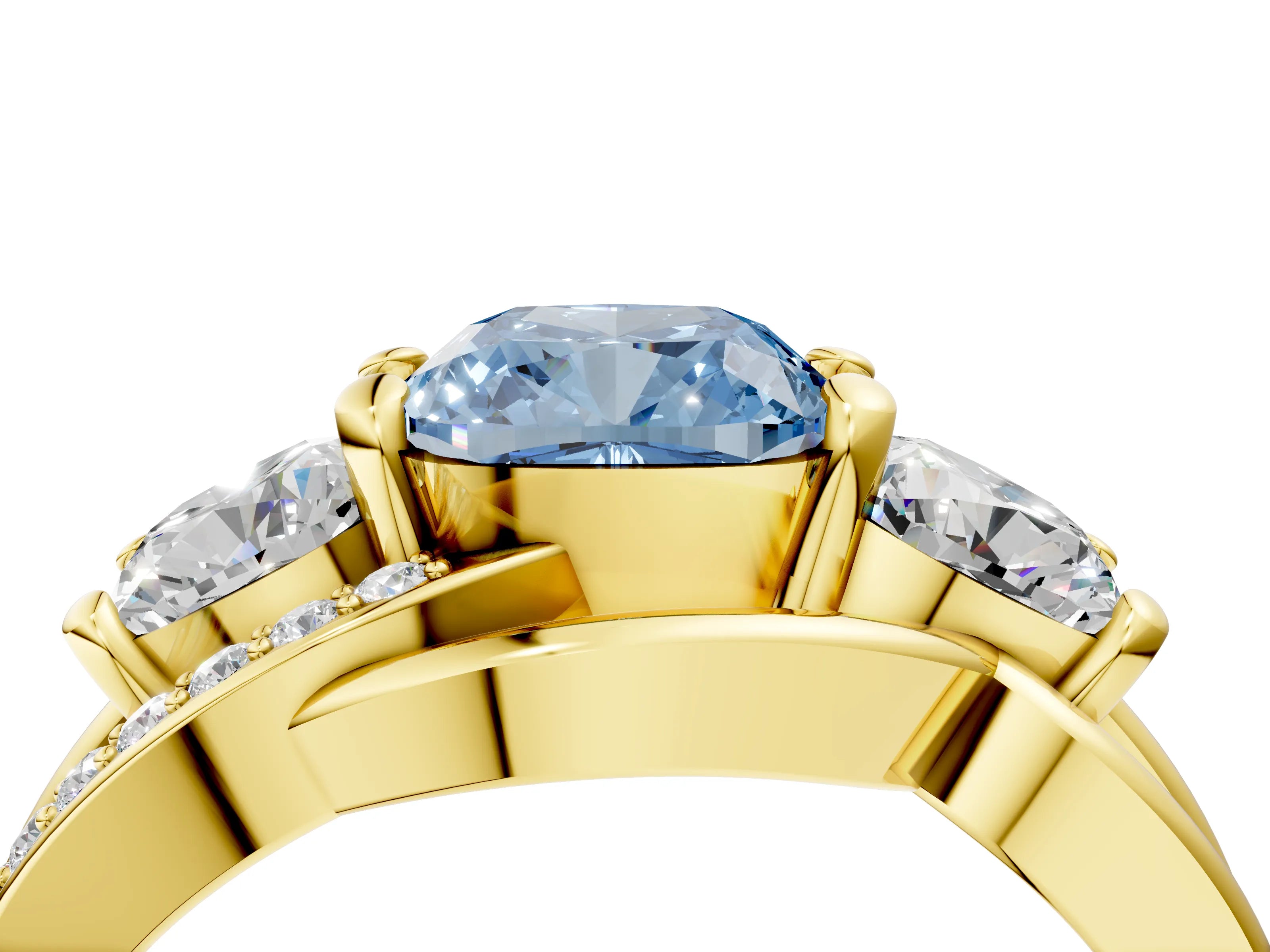 Yellow gold Three-Stone Fancy Blue Cushion Cut Cut Diamond Split Shank Prong Set Ring_4
