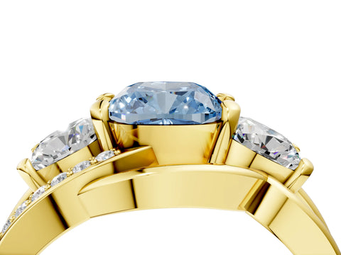 Yellow gold Three-Stone Fancy Blue Cushion Cut Cut Diamond Split Shank Prong Set Ring_4