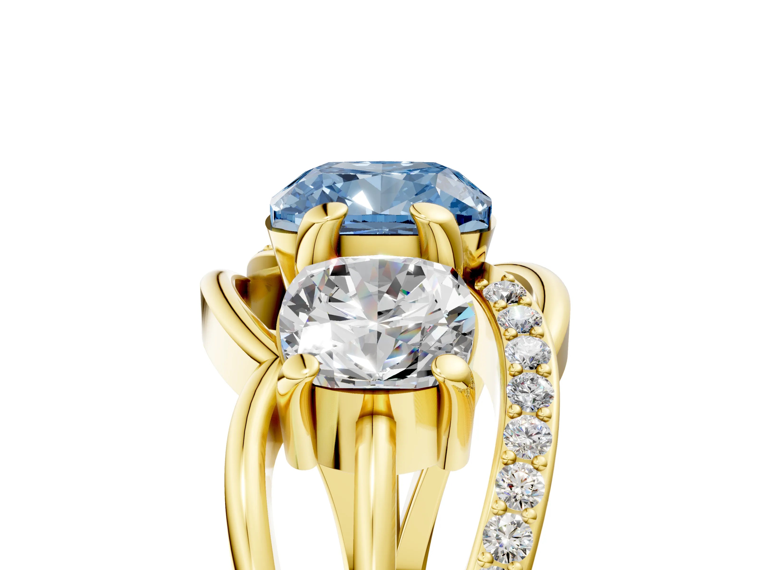 Yellow gold Three-Stone Fancy Blue Cushion Cut Cut Diamond Split Shank Prong Set Ring_5