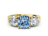 Yellow gold Three-Stone Fancy Blue Cushion Cut Cut Milgrain Band Prong Setting Ring