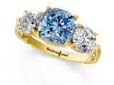 Yellow gold Three-Stone Fancy Blue Cushion Cut Cut Milgrain Band Prong Setting Ring_1