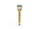 Yellow gold Three-Stone Fancy Blue Cushion Cut Cut Milgrain Band Prong Setting Ring_2