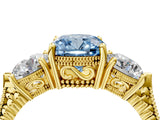 Yellow gold Three-Stone Fancy Blue Cushion Cut Cut Milgrain Band Prong Setting Ring_4