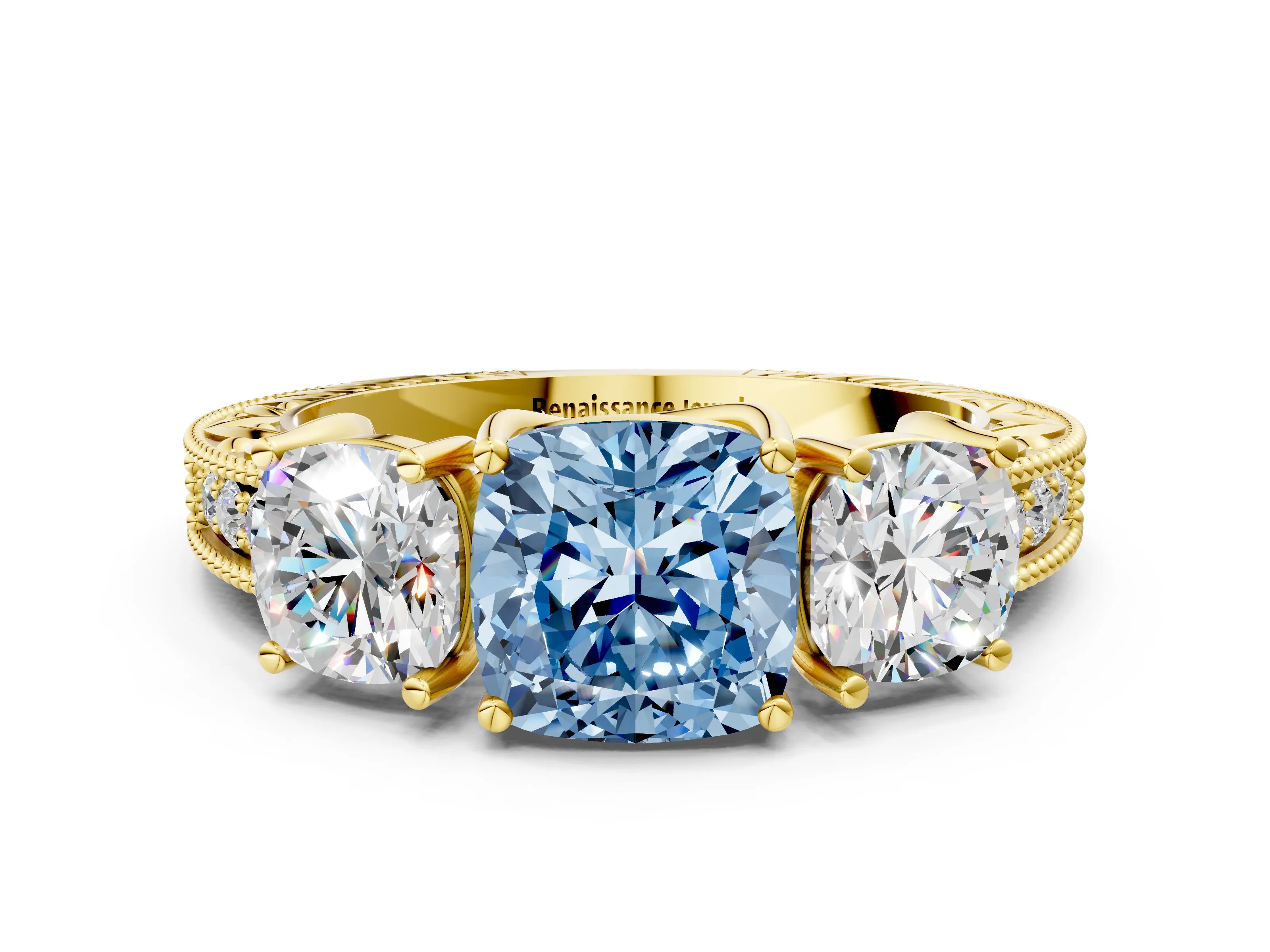 Yellow gold Three-Stone Fancy Blue Cushion Cut Cut Milgrain Pavé Engagement Ring