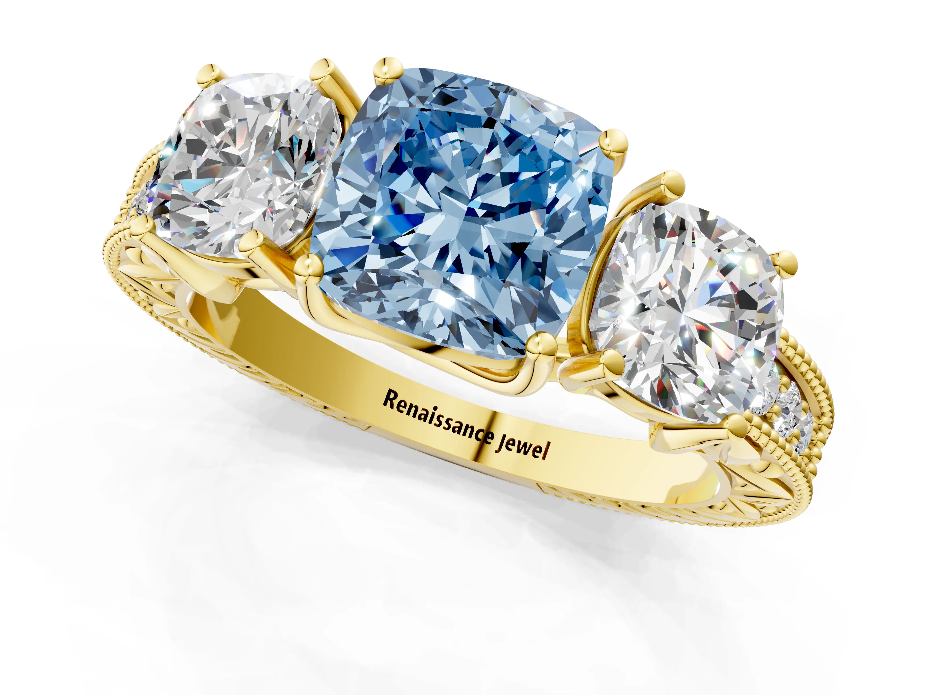 Yellow gold Three-Stone Fancy Blue Cushion Cut Cut Milgrain Pavé Engagement Ring_1
