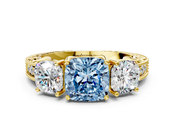 Yellow Gold Cushion Cut Engraved Three Stone Engagement Ring Setting for Fancy Blue Center