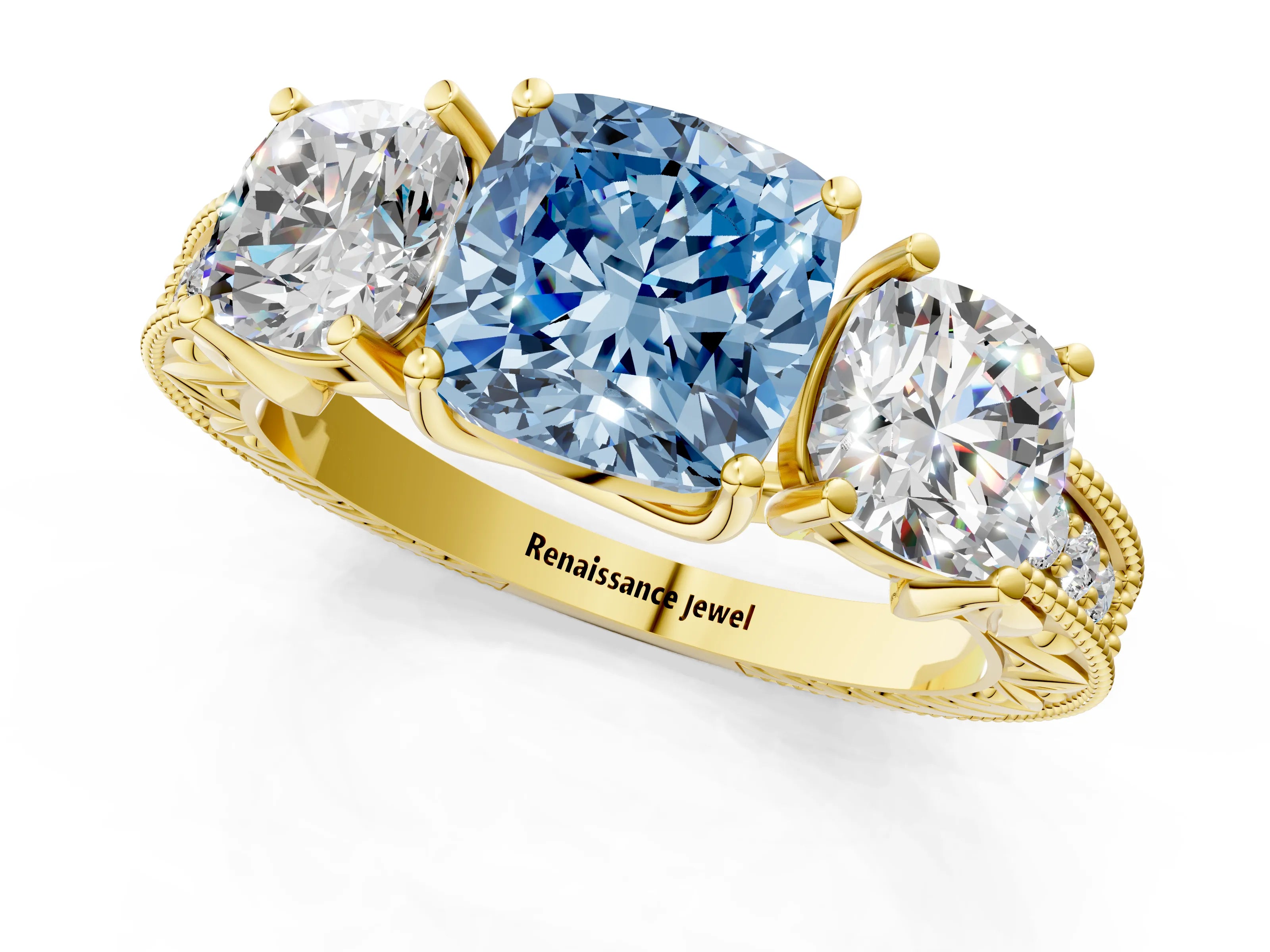 Yellow gold Three-Stone Fancy Blue Cushion Cut Cut Milgrain Pavé Engagement Ring_13