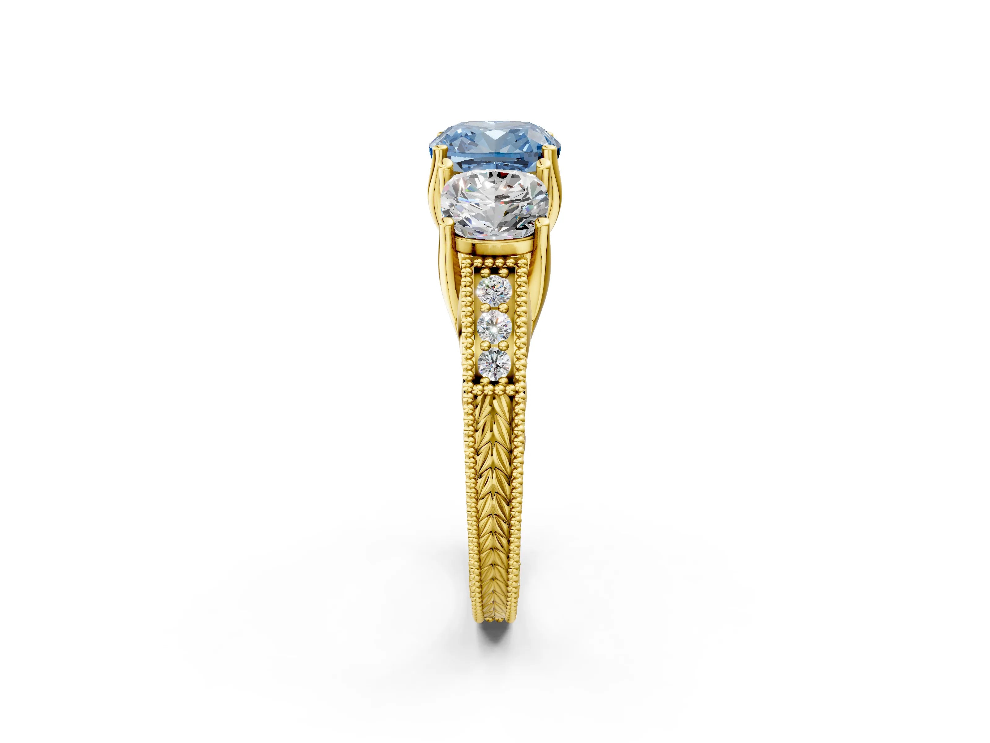 Yellow gold Three-Stone Fancy Blue Cushion Cut Cut Milgrain Pavé Engagement Ring_14