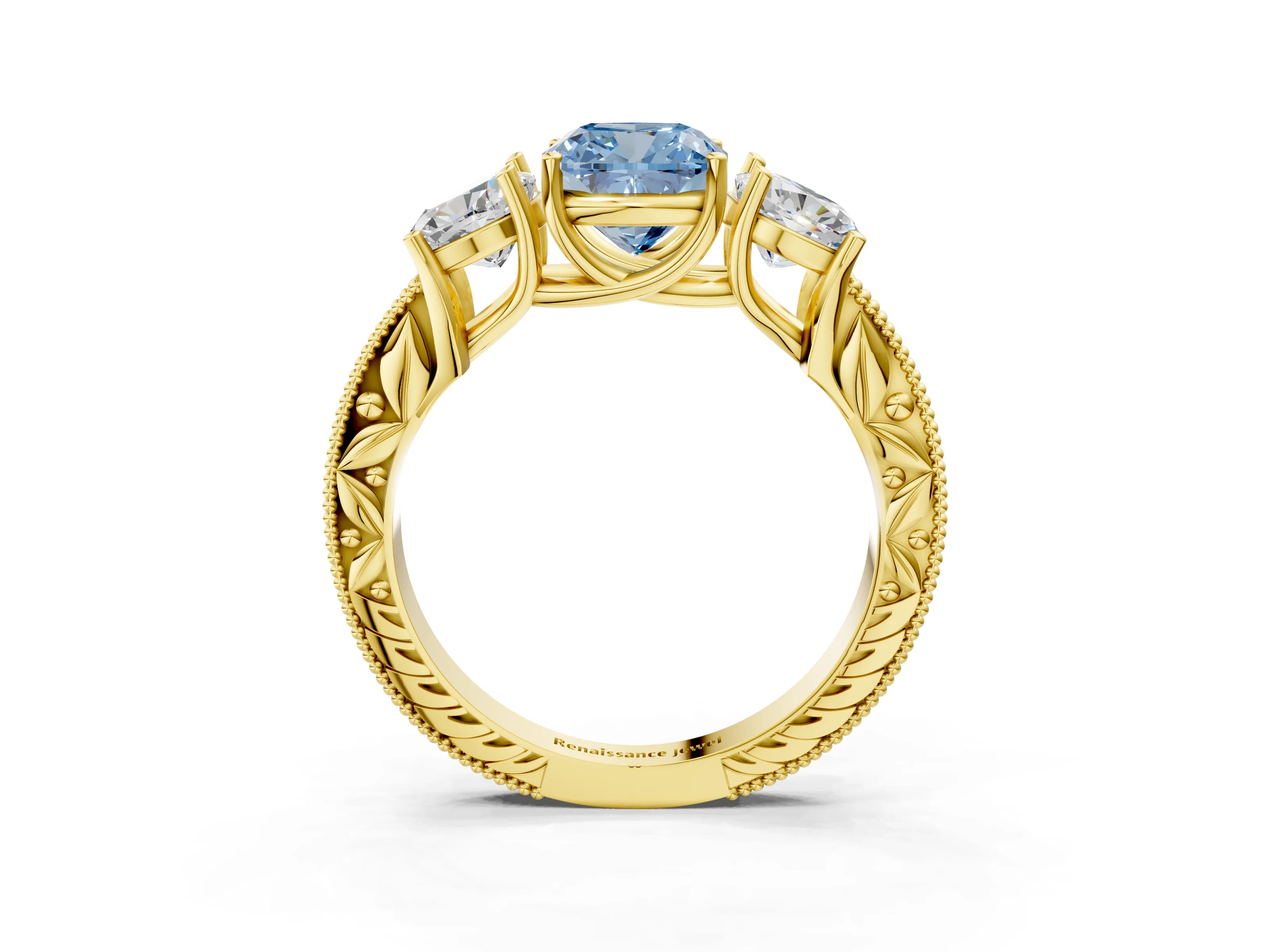 Yellow gold Three-Stone Fancy Blue Cushion Cut Cut Milgrain Pavé Engagement Ring_15
