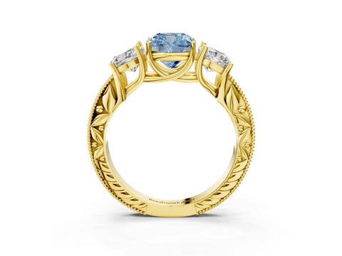 Yellow gold Three-Stone Fancy Blue Cushion Cut Cut Milgrain Pavé Engagement Ring_15