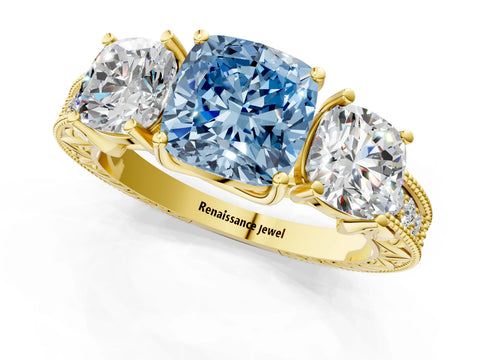 Yellow gold Three-Stone Fancy Blue Cushion Cut Cut Milgrain Pavé Engagement Ring_1