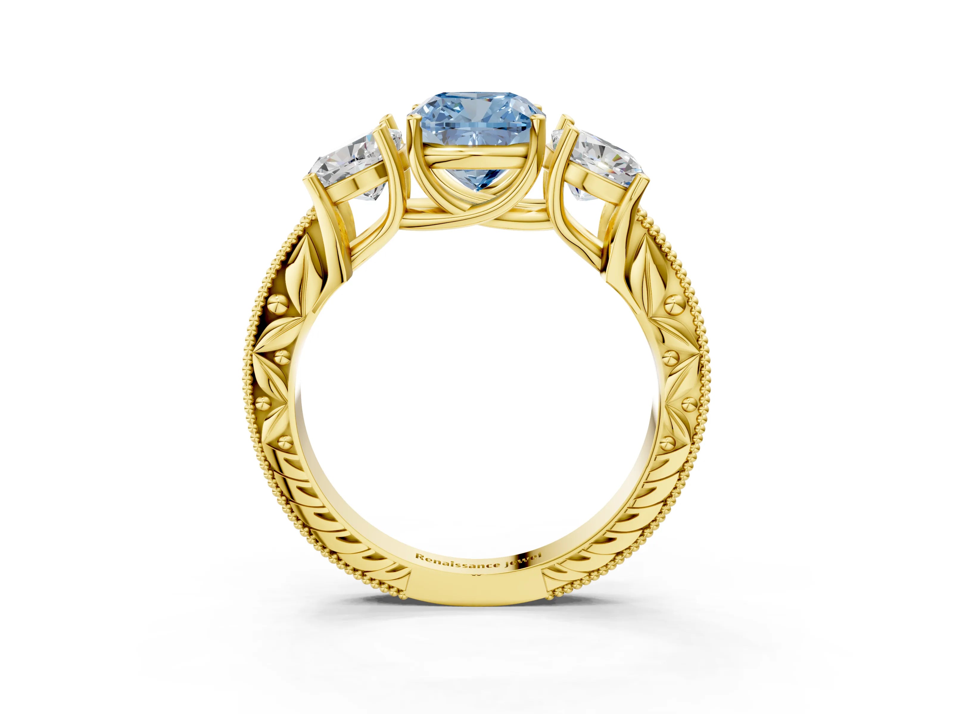 Yellow gold Three-Stone Fancy Blue Cushion Cut Cut Milgrain Pavé Engagement Ring_3