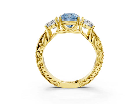 Yellow gold Three-Stone Fancy Blue Cushion Cut Cut Milgrain Pavé Engagement Ring_3