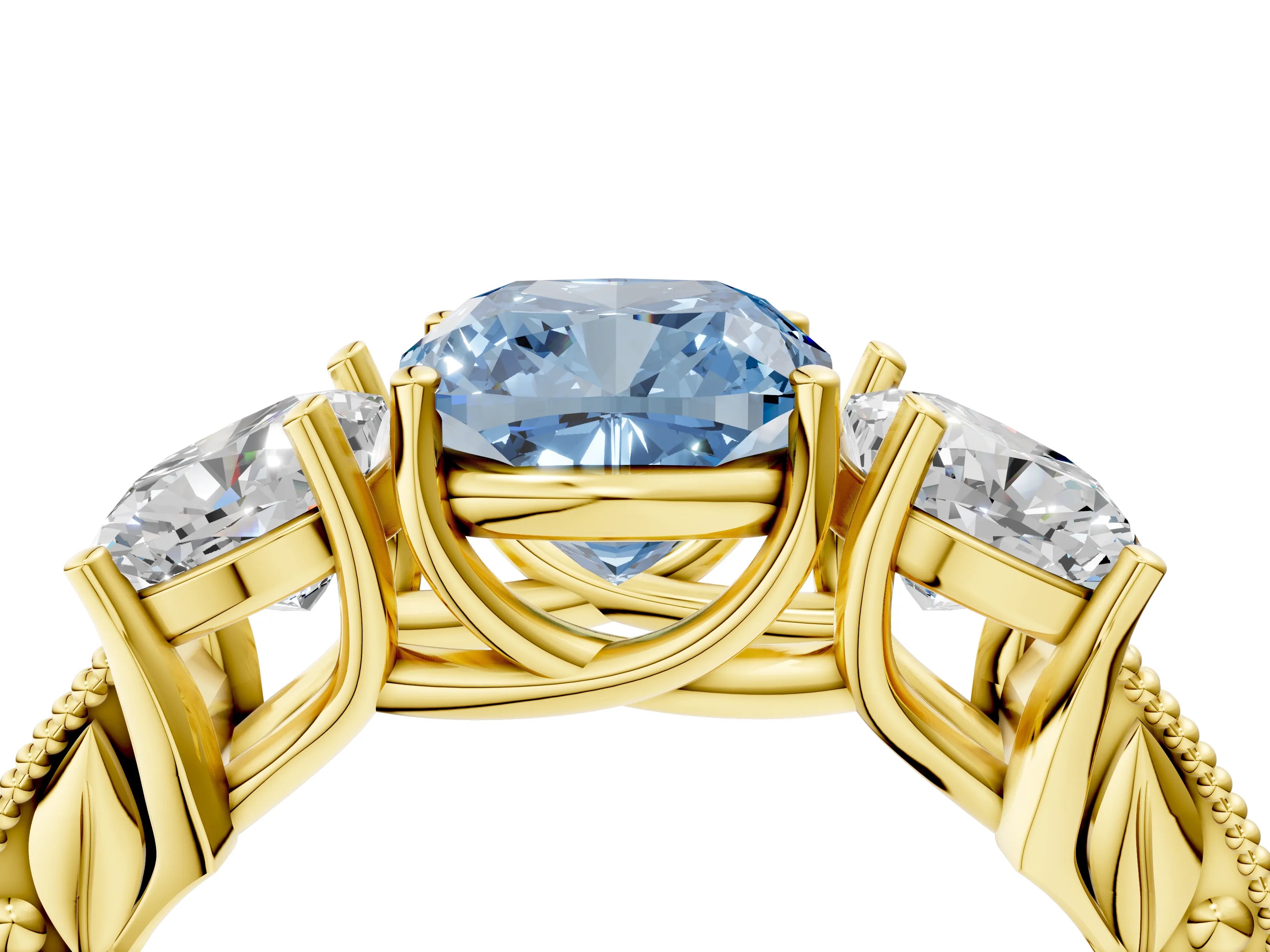Yellow gold Three-Stone Fancy Blue Cushion Cut Cut Milgrain Pavé Engagement Ring_4