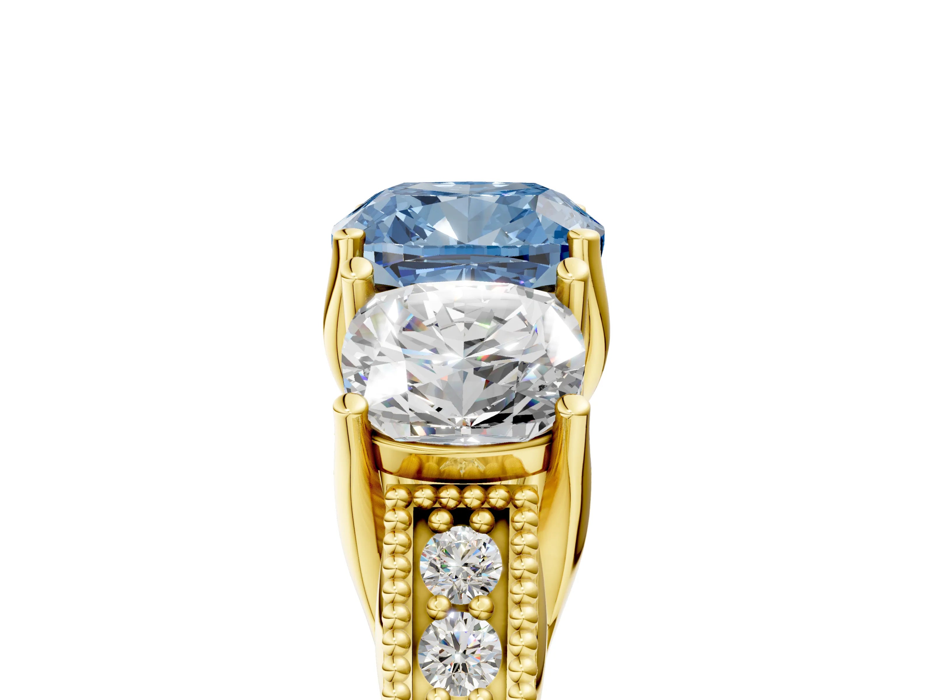 Yellow gold Three-Stone Fancy Blue Cushion Cut Cut Milgrain Pavé Engagement Ring_5