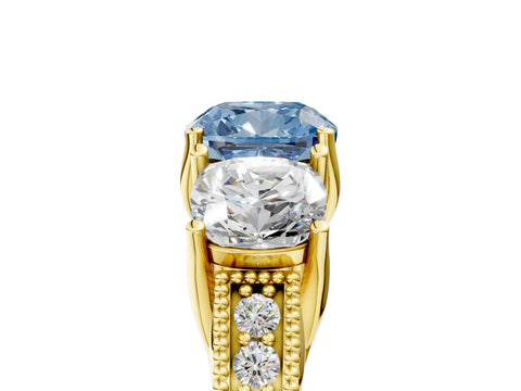 Yellow gold Three-Stone Fancy Blue Cushion Cut Cut Milgrain Pavé Engagement Ring_5