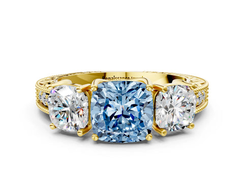 Yellow gold Three-Stone Fancy Blue Cushion Cut Cut Milgrain Pavé Engagement Ring