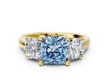 Yellow gold Three-Stone Fancy Blue Cushion Cut Cut Solitaire Ring with Classic Prong Setting