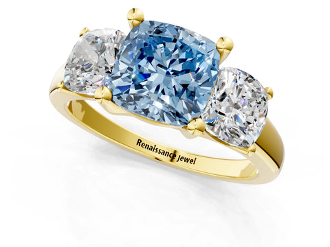 Yellow gold Three-Stone Fancy Blue Cushion Cut Cut Solitaire Ring with Classic Prong Setting_1