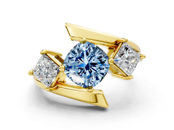 Yellow gold Three-Stone Fancy Blue Cushion Cut Cut Tension Band Ring with Four-Prong Setting