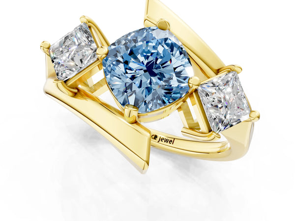 Yellow gold Three-Stone Fancy Blue Cushion Cut Cut Tension Band Ring with Four-Prong Setting