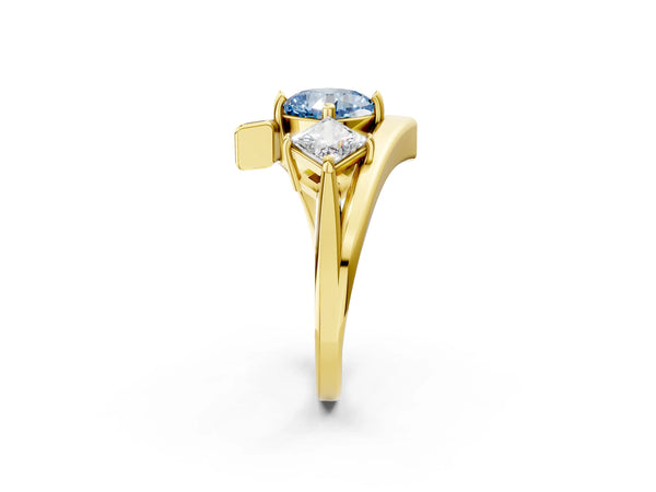Yellow gold Three-Stone Fancy Blue Cushion Cut Cut Tension Band Ring with Four-Prong Setting