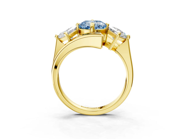 Yellow gold Three-Stone Fancy Blue Cushion Cut Cut Tension Band Ring with Four-Prong Setting