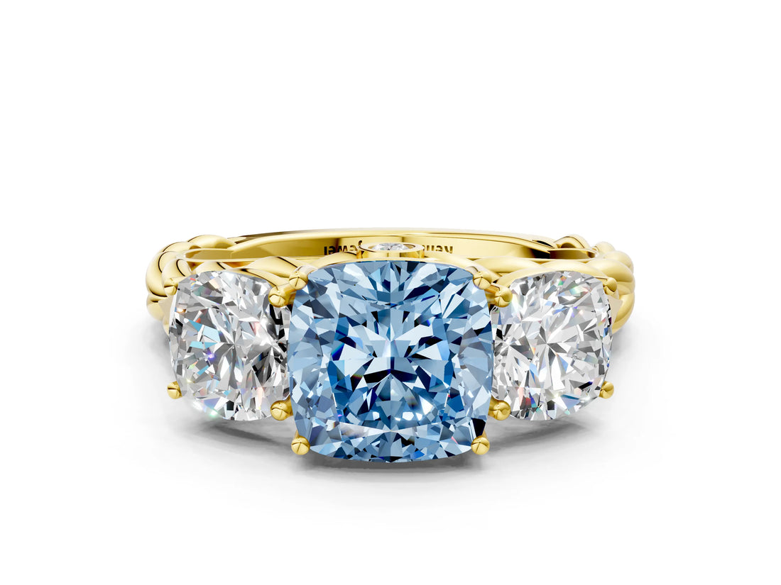 Yellow gold Three-Stone Fancy Blue Cushion Cut Diamond Braided Band Ring with Four-Prong Setting_36
