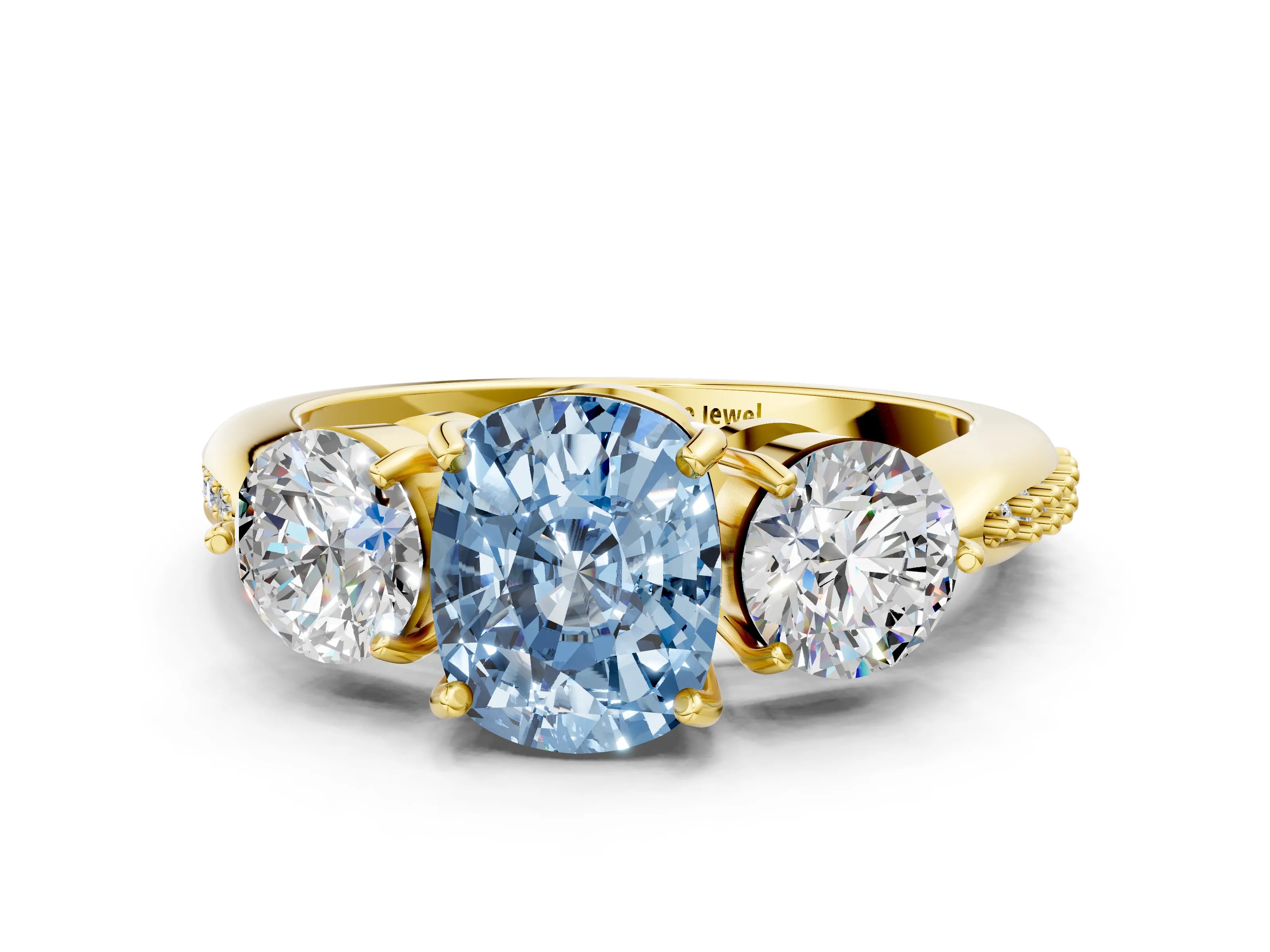Yellow gold Three-Stone Fancy Blue Cushion Cut Diamond Channel Set Engagement Ring with Prong Setting