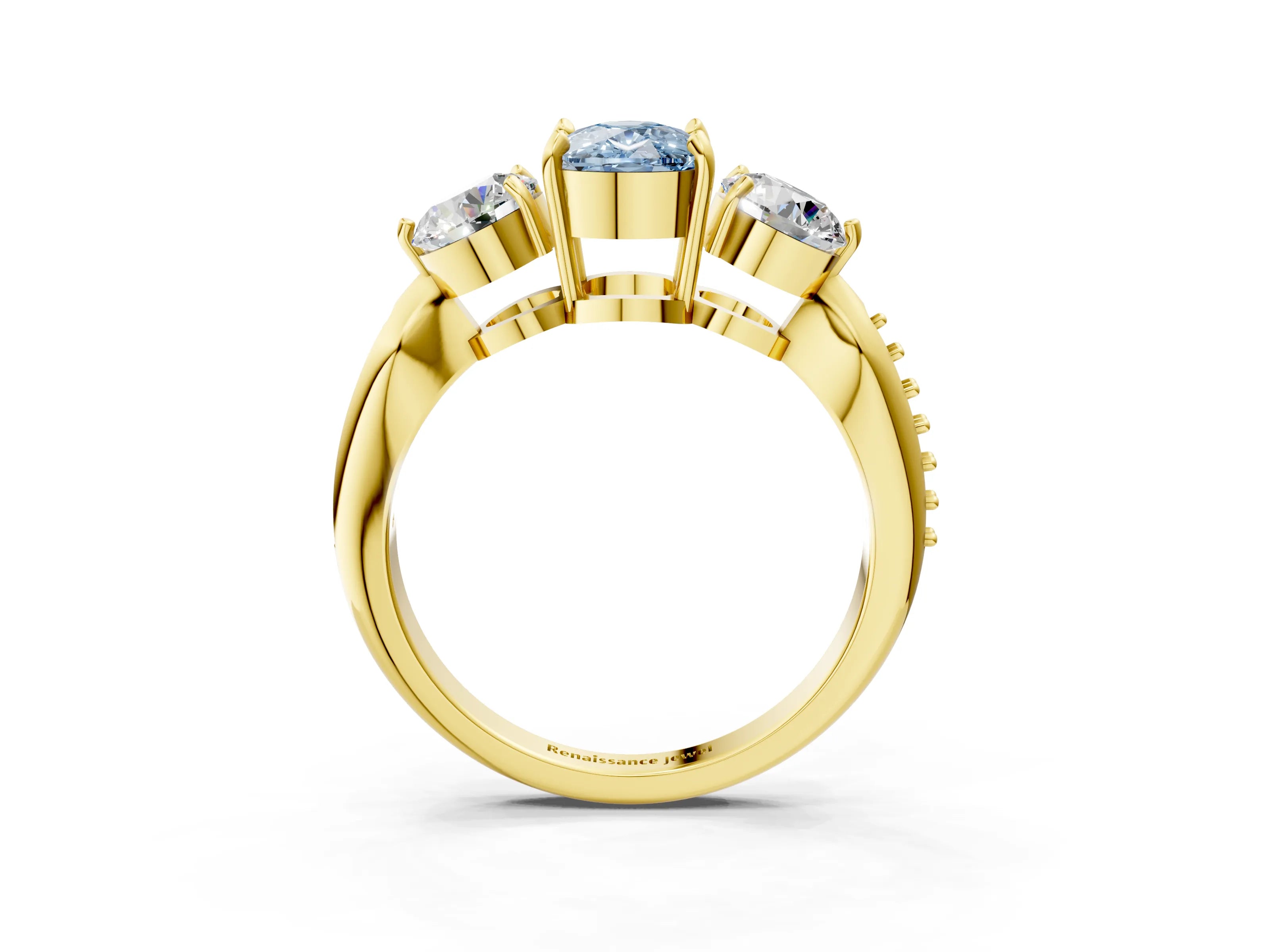 Yellow gold Three-Stone Fancy Blue Cushion Cut Diamond Channel Set Engagement Ring with Prong Setting_15