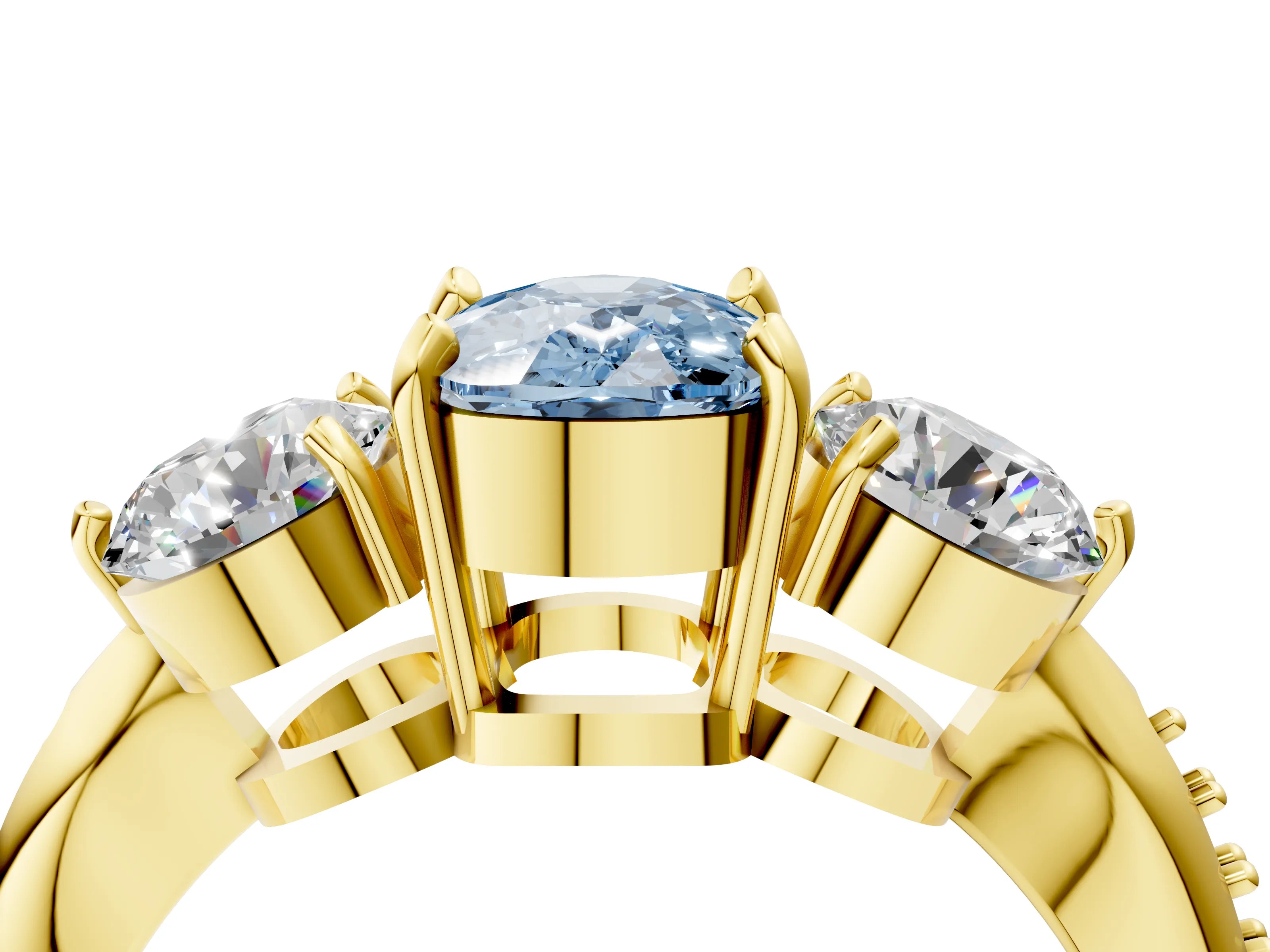 Yellow gold Three-Stone Fancy Blue Cushion Cut Diamond Channel Set Engagement Ring with Prong Setting_16
