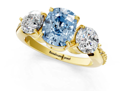 Yellow gold Three-Stone Fancy Blue Cushion Cut Diamond Channel Set Engagement Ring with Prong Setting_1
