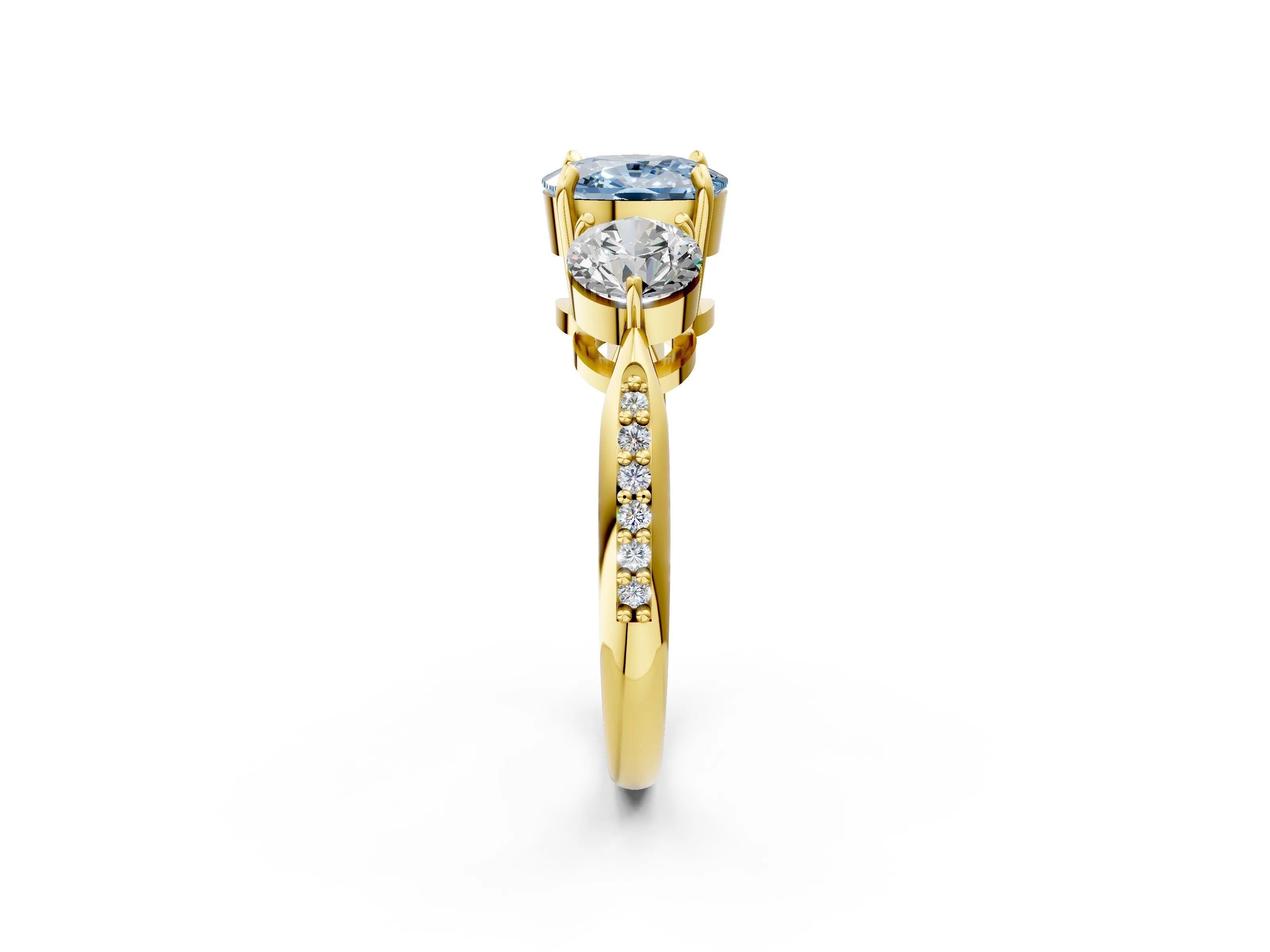 Yellow gold Three-Stone Fancy Blue Cushion Cut Diamond Channel Set Engagement Ring with Prong Setting_2