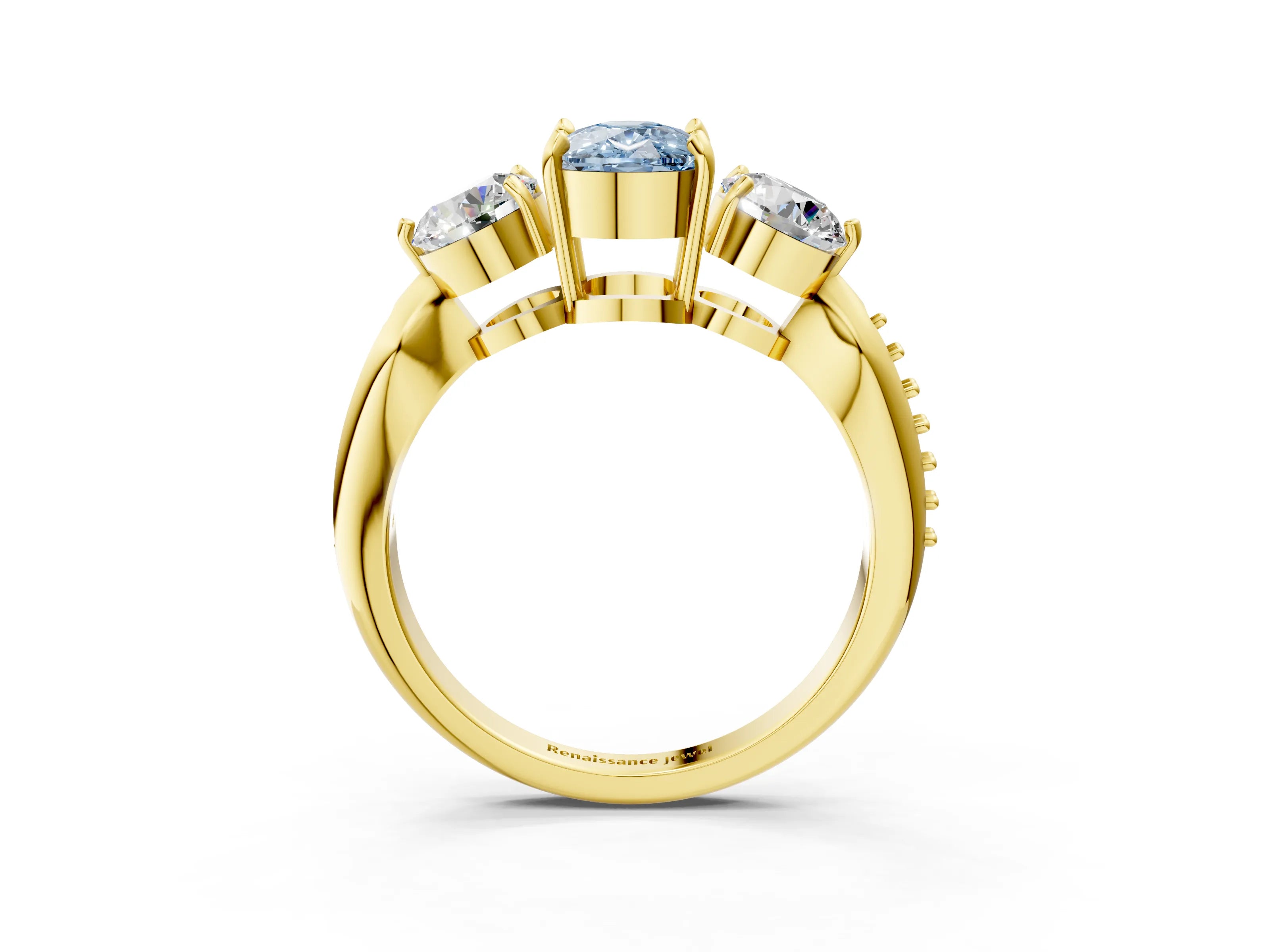 Yellow gold Three-Stone Fancy Blue Cushion Cut Diamond Channel Set Engagement Ring with Prong Setting_3