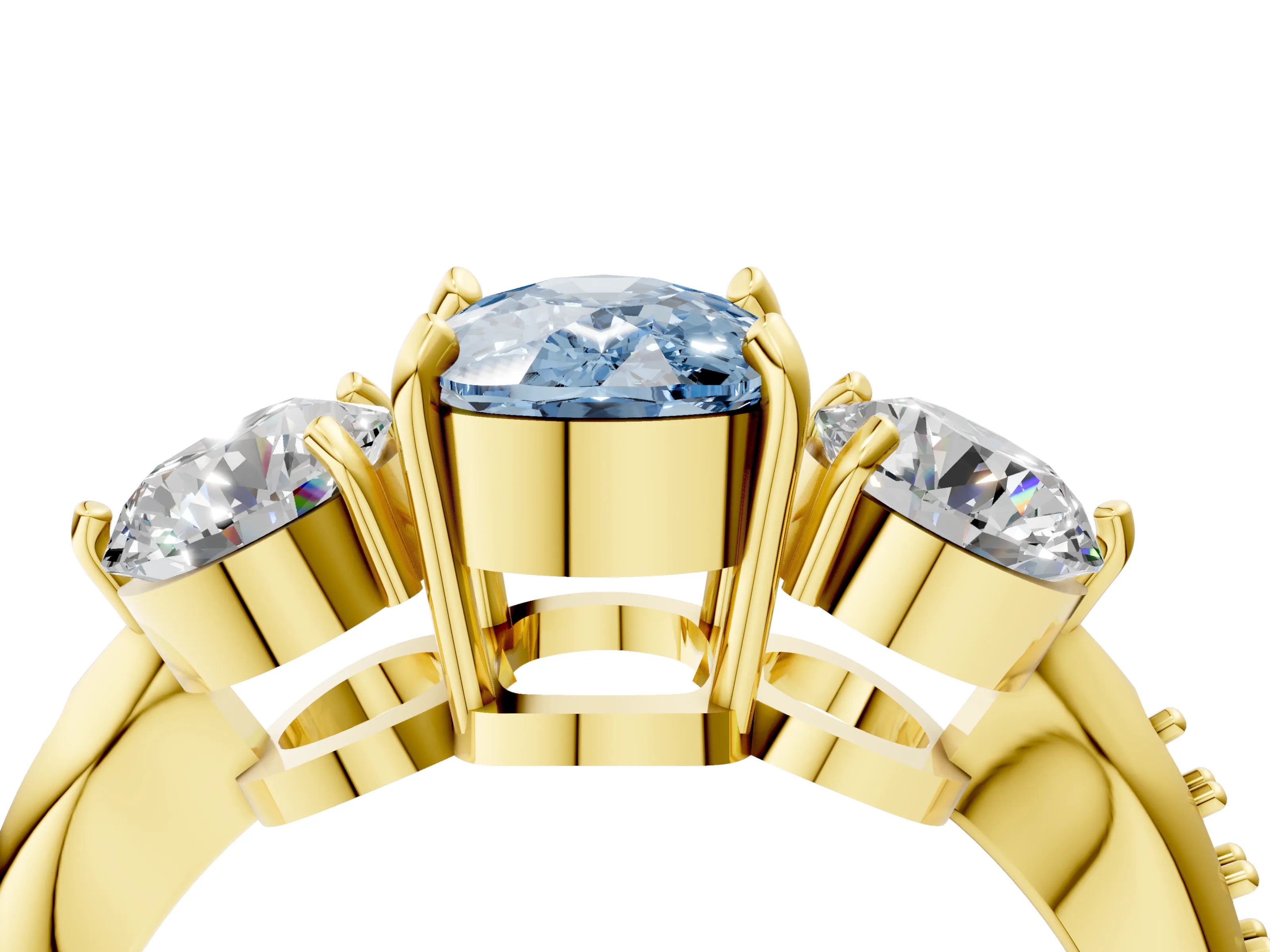 Yellow gold Three-Stone Fancy Blue Cushion Cut Diamond Channel Set Engagement Ring with Prong Setting_4